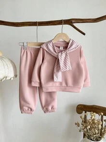 SHEIN 3pcs Baby Girl Infant Toddler Newborn 0-3 Years Old Autumn/Winter Fashion Versatile Outfits Set: Detachable Shawl + Long Sleeve Crew Neck Sweatshirt + Pants Fall