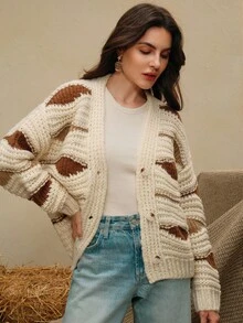 Anewsta Áo len cardigan màu tương phản, phù hợp cho mùa thu/đông và kỳ nghỉ - Màu be - Xem 7