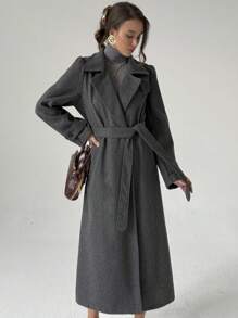 Aloruh 女士长袖系腰长款休闲宽松外套，秋冬款 - 杏色 - 查看 2