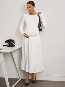 MaterniWear Elegant White Maternity Dress For Pregnant Women,Autumn Long Sleeve Round Neck Pleated Long Dress,Business Casual Bump Friendly Photoshoot Clothes - White - View 9