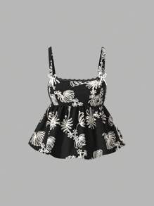 SHEIN MOD 大码女式 3D 花卉刺绣浪漫可爱蝴蝶结装饰蕾丝拼布吊带背心夏季上衣，短款上衣，女式荷叶边上衣，女式花卉上衣，女式吊带上衣，提花纹理，宽松下摆，手工编织花朵，万圣节