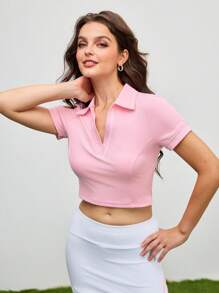 Cheerettes Women's Summer Contrast Piping Fitted Cropped Polo Shirt - Pink - View 1