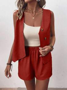 SHEIN LUNE Women's Solid Color Single-Breasted Vest And Shorts Casual Loose 2 Pieces Set - Burgundy - View 4
