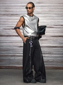 AXEPEAK 时尚街头风圆领无袖上衣，正面印花拼接，男士款，2000年代风格 - 銀色 - 查看 3