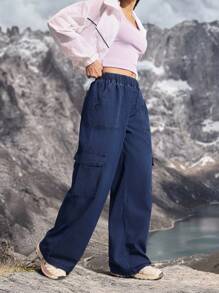 Flexra 女式工装口袋宽腿宽松休闲牛仔裤 - 藍色 - 查看 6