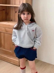 DAZY 女童连帽休闲蝴蝶结刺绣长袖运动衫，春秋季 - 灰色 - 查看 1