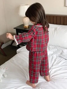 Hapijoa 女婴格子休闲家居服两件套，幼儿秋季圣诞节服装 - 紅色 - 查看 2