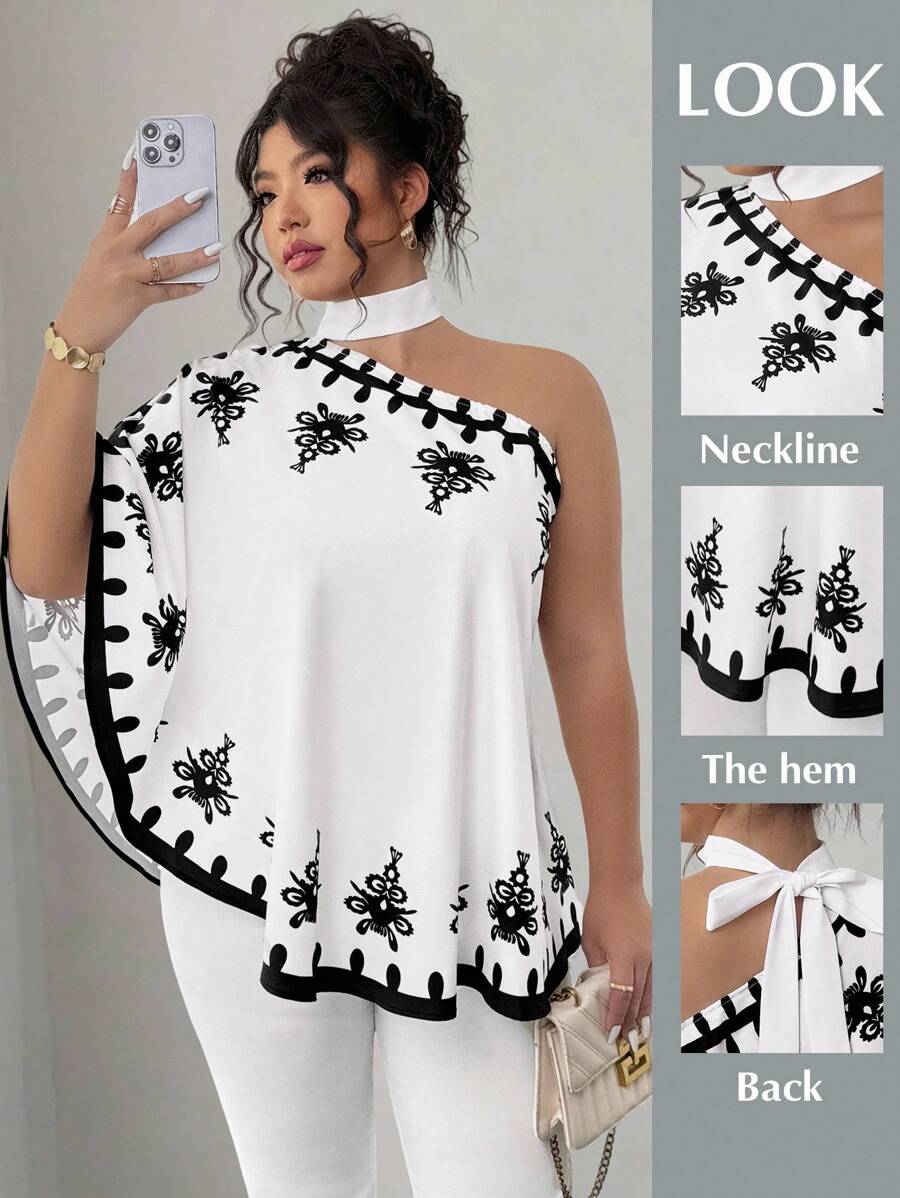 SHEIN Elenzya 女式加大码宽松花卉印花露肩系带衬衫