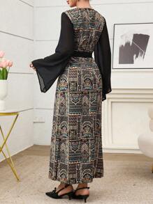 Yasmyna 喇叭袖雪纺长袖优雅亮片刺绣阿拉伯女式连衣裙 - 黑色 - 查看 5