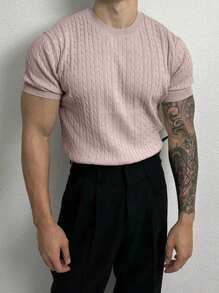 Manfinity Homme Men's Solid Color Crew Neck Raglan Short Sleeve Cable Knit Sweater