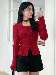 DAZY 女士红色修身开衫 秋冬 - 紅色 - 查看 2