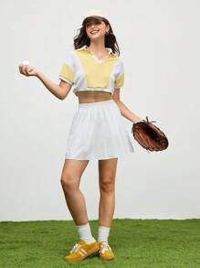 SHEIN Unity 女式休闲拼色短袖 Polo 衫，夏季 - 黃色 - 查看 5