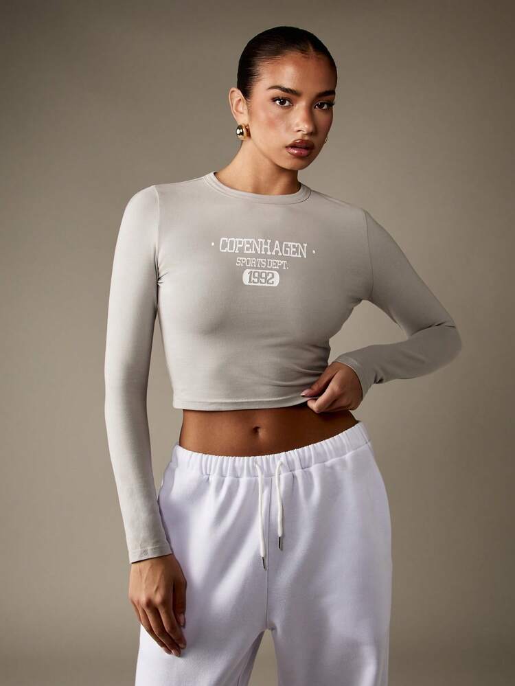 MISSGUIDED Copenhagen Sports Department Long Sleeve Baby Tee Vintage Style Streetwear Collegiate Cropped Varsity Design Retro Y2K Winter Fall Fashion Top