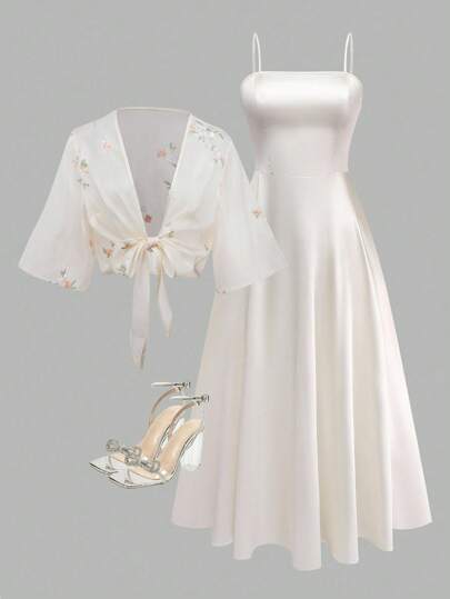 Franclia Plus Size Women's Fashion Summer Ditsy Floral Chiffon Dress & Jacket Elegant 2-Piece Set Elegant White Dress White Church Dress White Graduation Dress White Dress Vintage White Dress