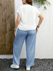 EMERY ROSE 2 Stücke/Set Lässiger minimalistischer blauer Stern Muster Frauen Große Größen Kurzarm T-Shirt mit Kordelzug und Saum und lange Hose Anzug, geeignet für den Sommer - Blau-Weiß - Übersicht 6