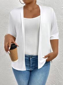 Elenzga Abrigo de punto con abertura frontal para mujer de talla grande - Blanco - Ver 4