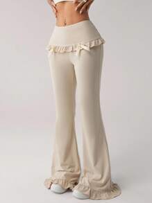 SHEIN ICON Women's Western Khaki Boho Casual Low Waist Pants With Bow Decor Flared Women Jeans