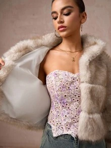 Lumalex 秋冬季宽松长袖短款仿皮草外套，适合假日度假、新年派对、夜间外出约会 - 摩卡棕 - 查看 9