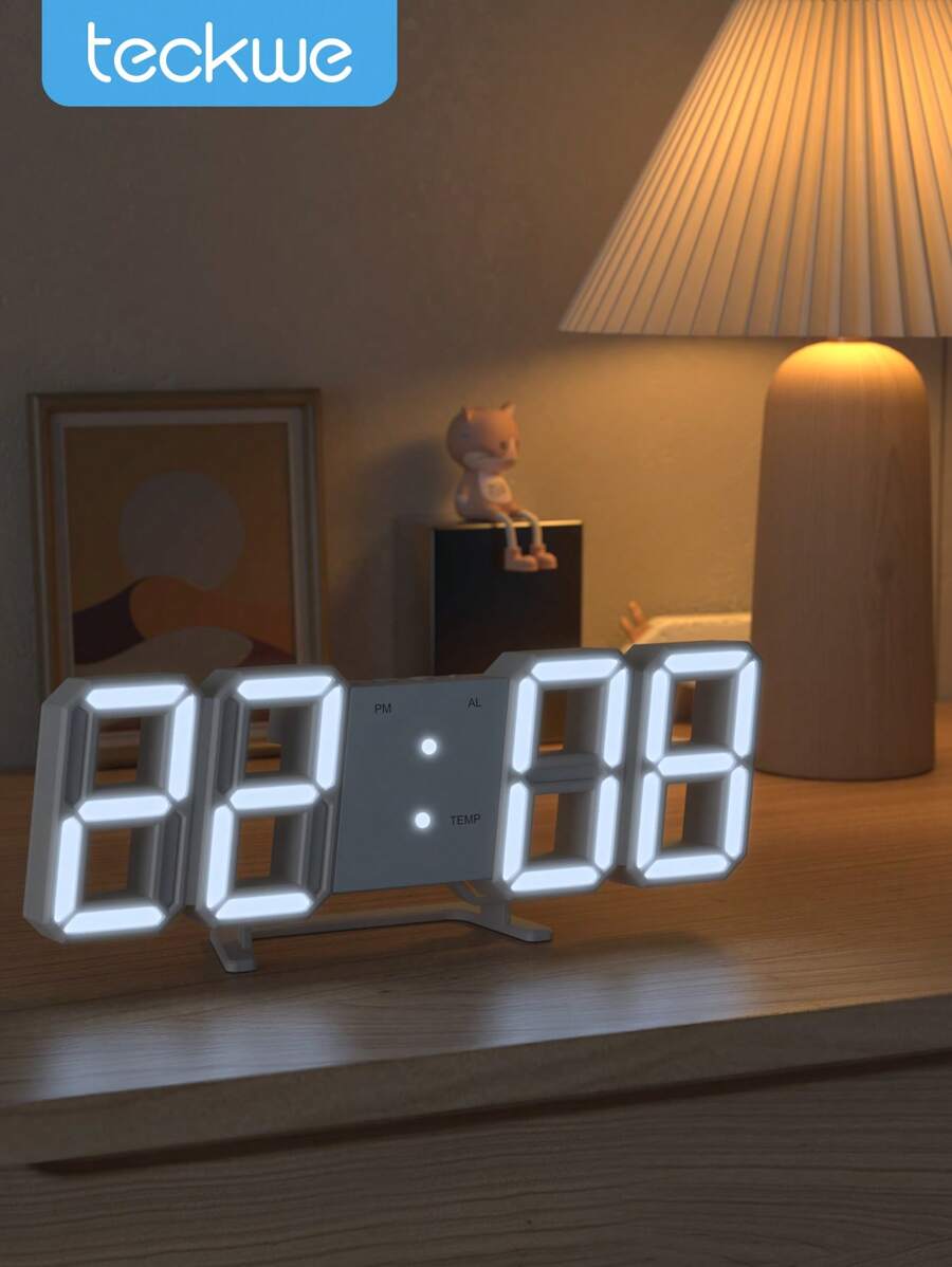 Teckwe 1个现代3D LED数字桌面时钟，适用于厨房、卧室、办公室，时尚设计，带LED白色夜灯装饰挂钟，多级亮度/时间/日期/闹钟功能，闹钟灯、时钟灯、夜灯，返校礼物 - 白色 - 查看 1