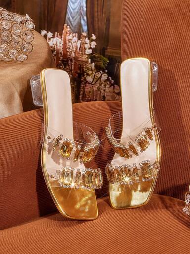 CUCCOO TILAWA Women's Crystal Embellished One-Strap Chunky Heel Square Toe Sandals