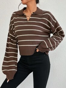 SHEIN PETITE Pull-over à col polo rayé bicolore pour femmes, tricot, automne-hiver - Marron - Voir 1