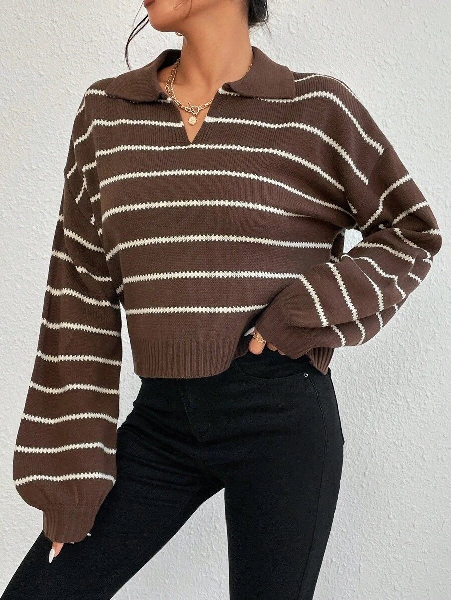 SHEIN PETITE Pull-over à col polo rayé bicolore pour femmes, tricot, automne-hiver - Marron - Voir 1