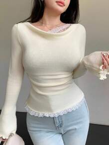 SHEIN LUNE Autumn/Winter Lace Patchwork Minimalist Flare Sleeve Knit Pullover Sweater For Women Knit Pullover Fall - Apricot - View 3