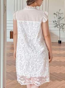 SHEIN LUNE 大码女式白色荷叶边袖不对称下摆连衣裙秋季婚礼宾客连衣裙商务休闲女士工作服商务连衣裙 - 白色 - 查看 2