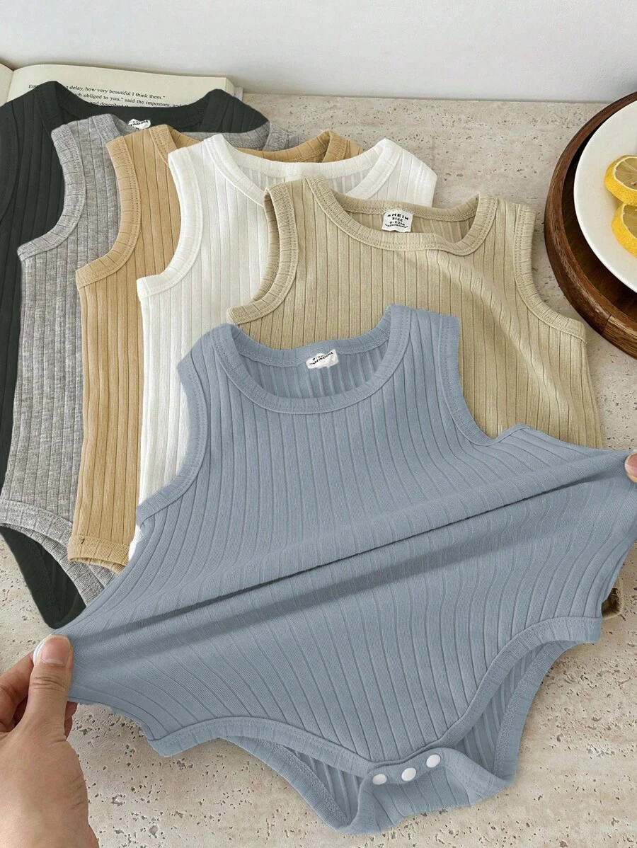 SHEIN Vintaside Kids Conjunto de 6 bodys sin mangas de verano multicolor para bebés niños, que incluyen los colores negro, blanco, gris, albaricoque oscuro, azul claro, caqui claro y otros colores clásicos