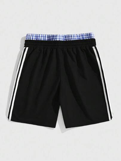 Street Life Pantalones cortos deportivos casuales para hombre con contraste de cuadros escoceses, cintura con cordón y rayas laterales