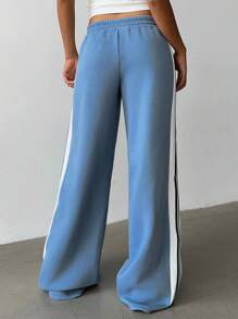 SHEIN BASICS 女士休闲纯色针织宽松阔腿运动裤 - 霧霾藍 - 查看 3