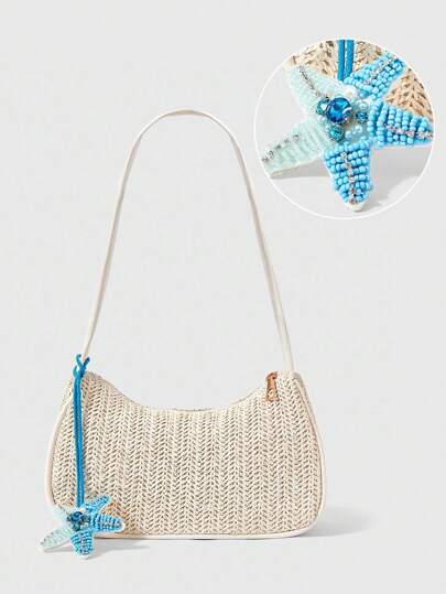 Fairycore 1pc Bohemian Style Beach Bag, Hollow Out Net Tote Bag For Women, Suitable For Vacation, Comes With Bag Charm & Tropical Flower Decor