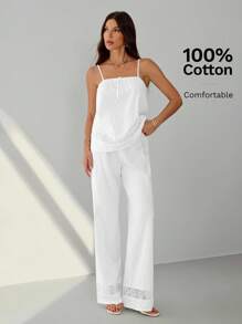 SHEIN Tall 春夏蕾丝拼接可追溯棉质吊带背心和裤子女士两件套 14361124111500954 情人节&新年女士西装外套,酒红色套装,西装套装,办公室淑女装,商务淑女装,两件套秋装,情侣装,衬衫套装,秋装,家庭睡衣套装,新年女装 - 白色 - 查看 3