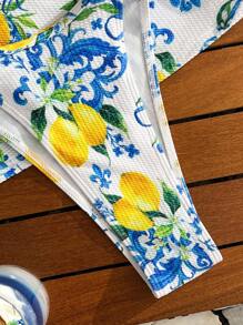 Swim Mod 2pcs Textured Fabric Fruit Print Ruffle Strap Casual Vacation Women Camisole & Bikini Set For Summer - Multicolor - View 6