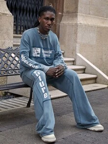 Manfinity EMRG 2pcs/Set Men's Blue White Stripe,Autumn,Streetwear,City Break,Back-To-School Hip Hop Sweatshirt&Sweatpants,Loose Fit Wide Leg Pants,Distressed Print - Blue - View 4