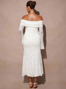 MaterniChic Maternity White Dress Autumn And Winter Maternity Solid Color Off Shoulder Flare Sleeve Lace Fitted Long Dress