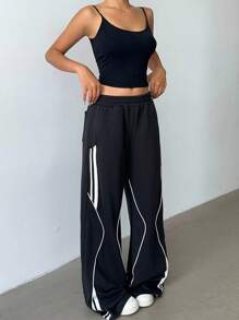 SHEIN BASICS 女士休闲纯色针织宽松阔腿运动裤 - 黑色 - 查看 4
