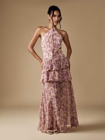 MISSGUIDED Halter Neck Floral Maxi Dress With Tiered RufflesMISSGUIDED