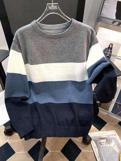 Suéter de cuello redondo de punto con bloques de color y rayas para niños preadolescentes, conjunto de invierno, ropa de invierno, atuendos de otoño, ropa de otoño, toda la ropa para niños, blusas de otoño, suéteres de otoño