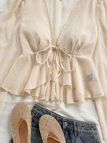 Soleia V领系腰简约纯色荷叶边休闲女式衬衫 - 杏色 - 查看 8