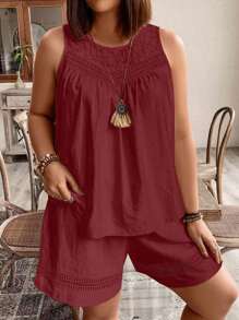Plus Size Solid Color Hollow Out Sleeveless Top And Shorts Summer Vacation Casual Set