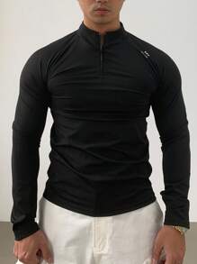 DAZY Men's Slim Fit Letter Print Half-Zip Closure T-Shirt, Black, Autumn Long Sleeve Men Shirt - Black - View 5