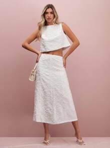 Enchnt Ensemble camisole et jupe texturée de couleur unie élégant pour l'été - Blanc - Voir 1