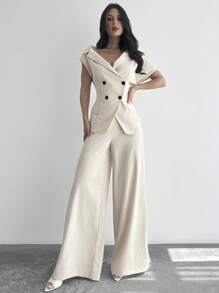 Firerie 女士休闲简约通勤时尚新款不对称露肩双排扣短袖薄款西装外套和高腰阔腿长裤杏色两件套，女士夏季办公室服装，毕业礼服，毕业，女士教师服装，秋冬返校 - 杏色 - 查看 4