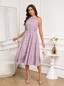 Ellevyn Women's Elegant Textured Jacquard Tie Neck Cinched Waist A-Line Long Dress, Spring/Summer  Airport Outfit For Women  Birthday Outfit    Going Out Tops Women  Wedding Guest Dress Women  Wedding Guest  Fall Women Clothes  Fall Dresses For Women  Halter Neck Dress  Elegant Purple Dress  Bridesmaid Dress  Off The Shoulder Dress   Airycore  Fringe Dress    Birthday Dresses For Women  Dresses For Women Summer - Purple - View 10