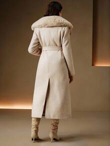 Anewsta 女式长翻领可拆卸仿毛领收腰休闲夹棉羊毛大衣，秋冬时尚 - 米色 - 查看 7