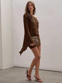 COSMINA Women's Solid Color Sequin Ruffle One Shoulder Flare Sleeve Fashion Mini Dress - Coffee - View 3