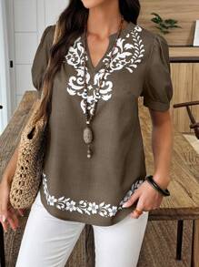 女士度假休闲花卉印花缺口领衬衫 - 彩色 - 查看 5