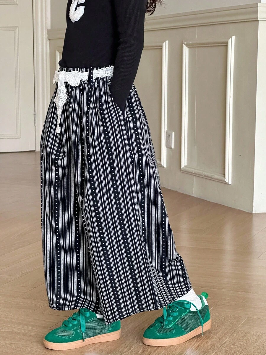 Dazy Kids Young Girl Casual Striped Wide Leg Pants With Belt - Apricot - View 1
