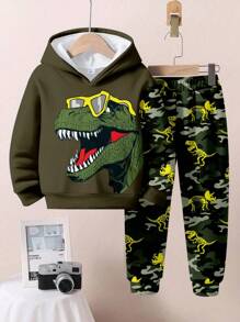 SHEIN 2 件套年轻男孩宽松休闲卡通动物、恐龙、风景、3D、街头服饰、迷彩图案连帽卫衣套装，舒适运动风格，适合秋冬季 - 彩色 - 查看 2
